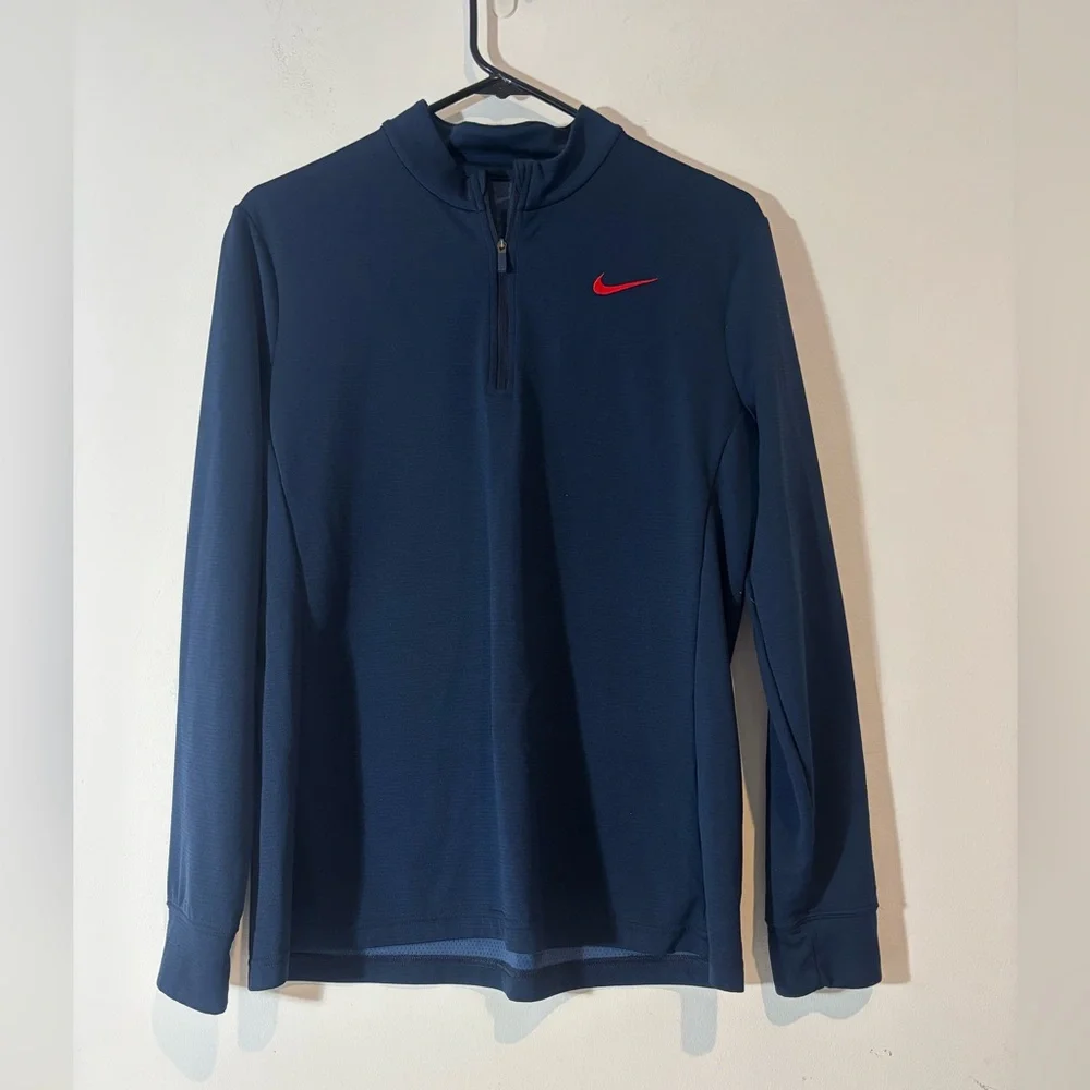 Nike Women’s Large Long Sleeve Quarter Zip Dri Fit Navy Blue Red Nike Casual